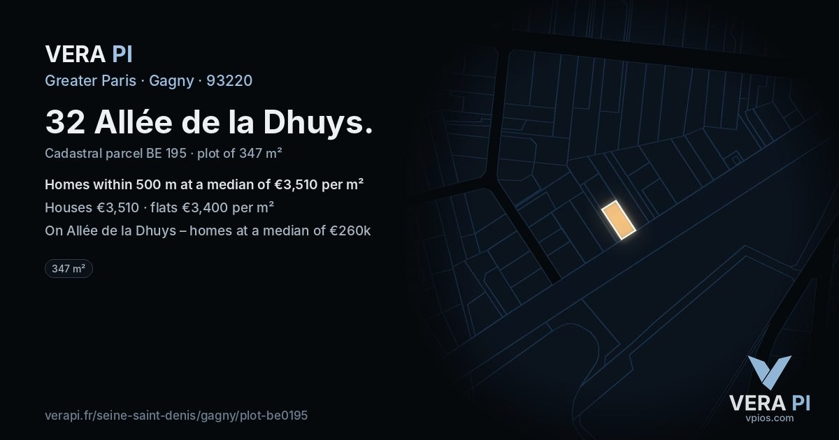 32 Allée de la Dhuys, Gagny at night – the plot lit, the parcels around coloured by the prices near them