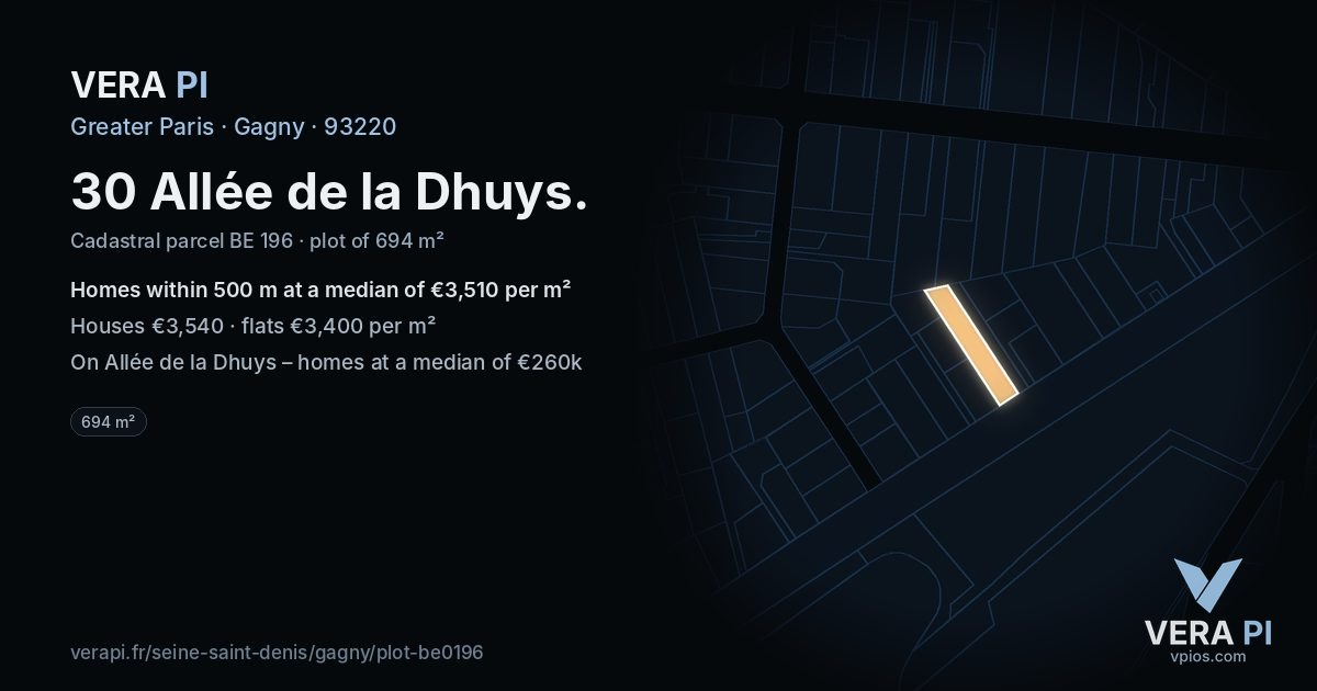 30 Allée de la Dhuys, Gagny at night – the plot lit, the parcels around coloured by the prices near them