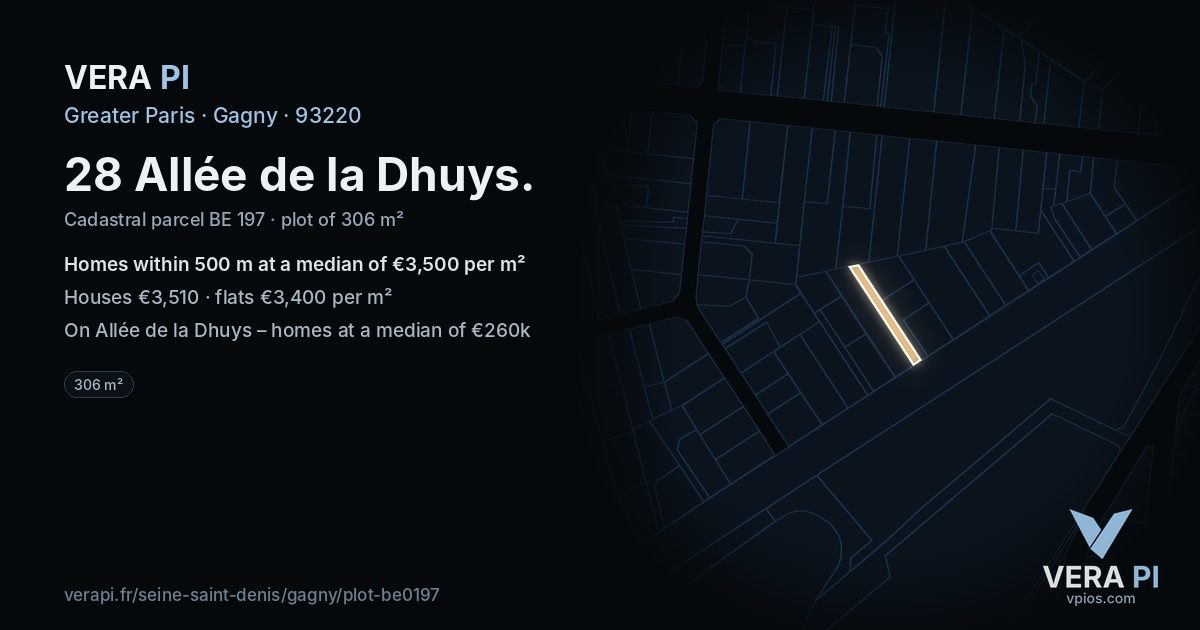 28 Allée de la Dhuys, Gagny at night – the plot lit, the parcels around coloured by the prices near them