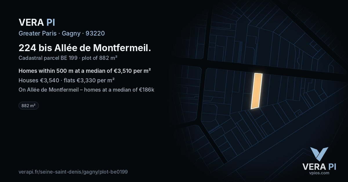 224 bis Allée de Montfermeil, Gagny at night – the plot lit, the parcels around coloured by the prices near them