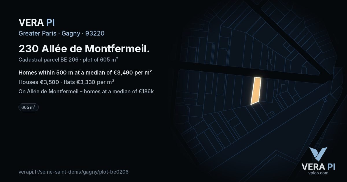 230 Allée de Montfermeil, Gagny at night – the plot lit, the parcels around coloured by the prices near them