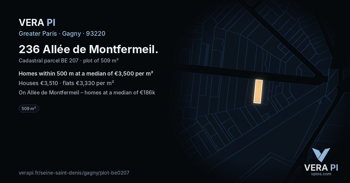 236 Allée de Montfermeil, Gagny at night – the plot lit, the parcels around coloured by the prices near them