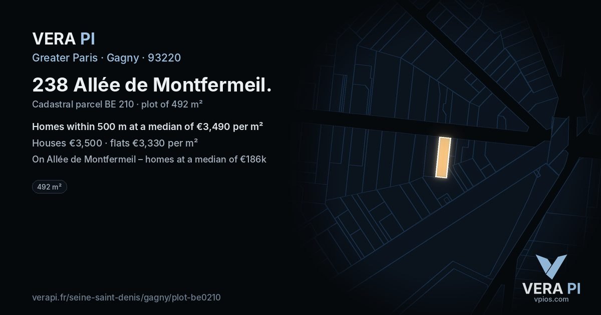 238 Allée de Montfermeil, Gagny at night – the plot lit, the parcels around coloured by the prices near them