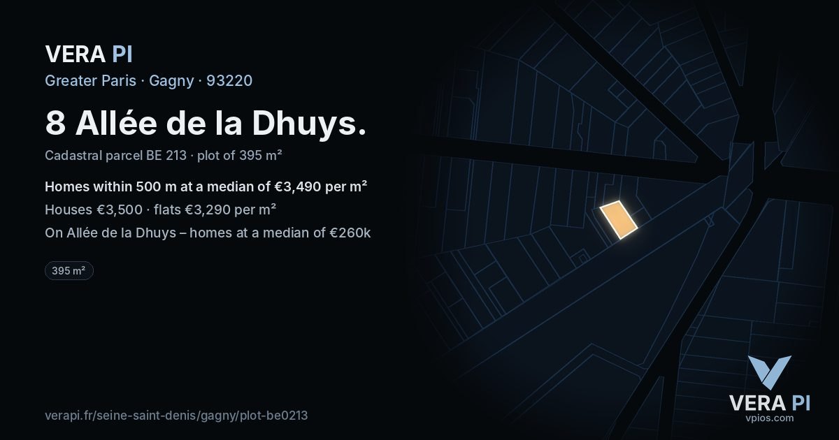 8 Allée de la Dhuys, Gagny at night – the plot lit, the parcels around coloured by the prices near them