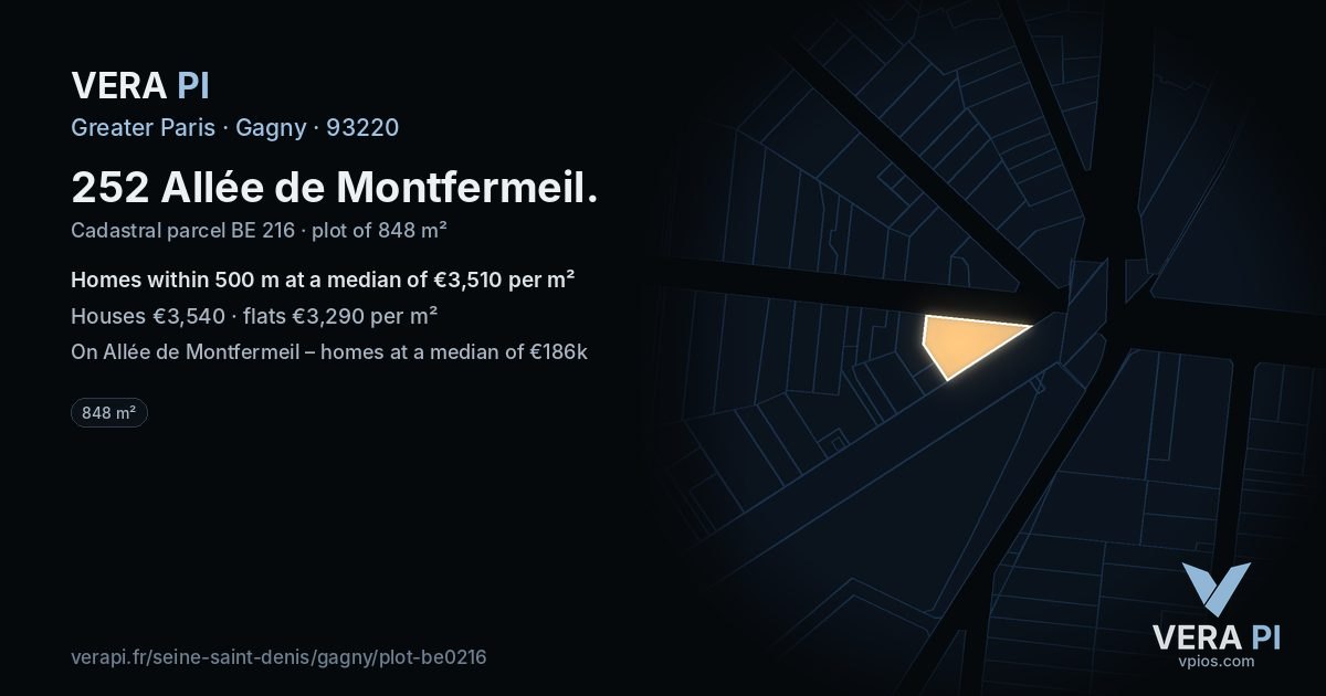 252 Allée de Montfermeil, Gagny at night – the plot lit, the parcels around coloured by the prices near them