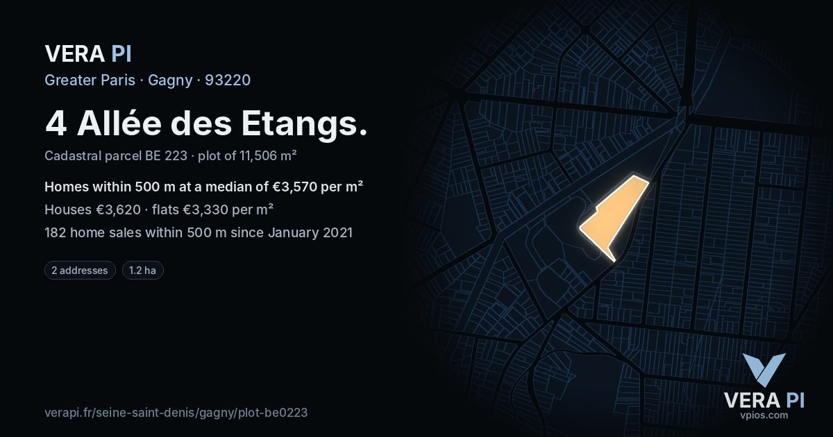 4 Allée des Etangs, Gagny at night – the plot lit, the parcels around coloured by the prices near them