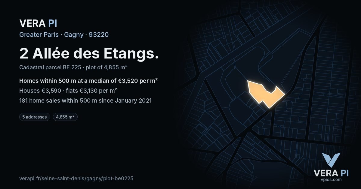 2 Allée des Etangs, Gagny at night – the plot lit, the parcels around coloured by the prices near them