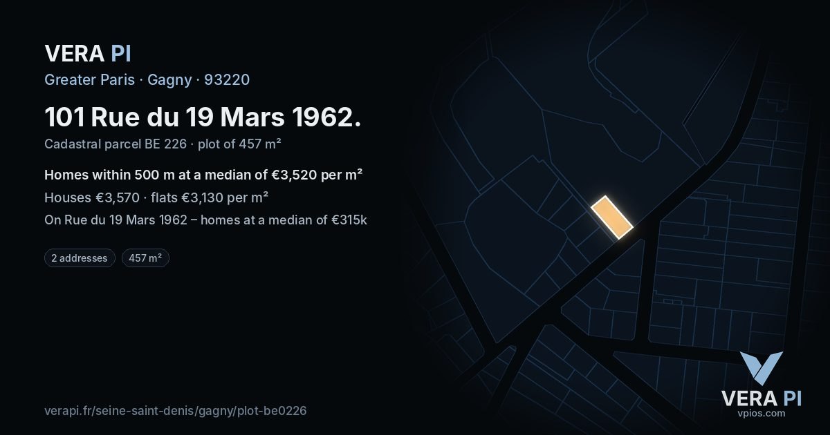 101 Rue du 19 Mars 1962, Gagny at night – the plot lit, the parcels around coloured by the prices near them