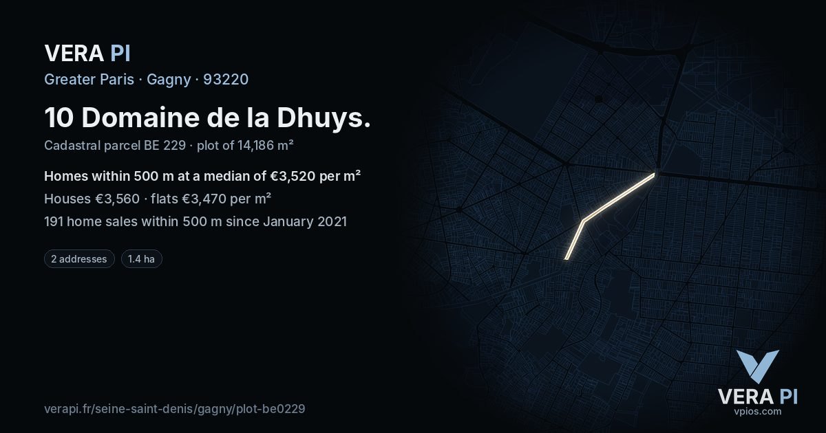 10 Domaine de la Dhuys, Gagny at night – the plot lit, the parcels around coloured by the prices near them