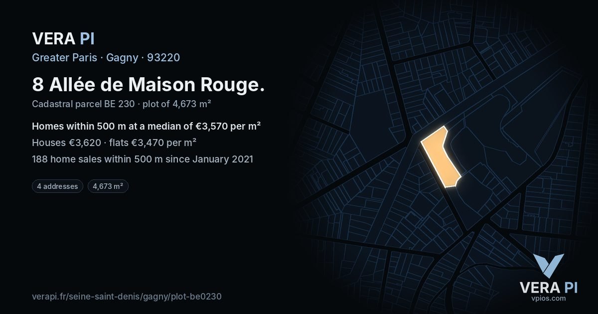 8 Allée de Maison Rouge, Gagny at night – the plot lit, the parcels around coloured by the prices near them