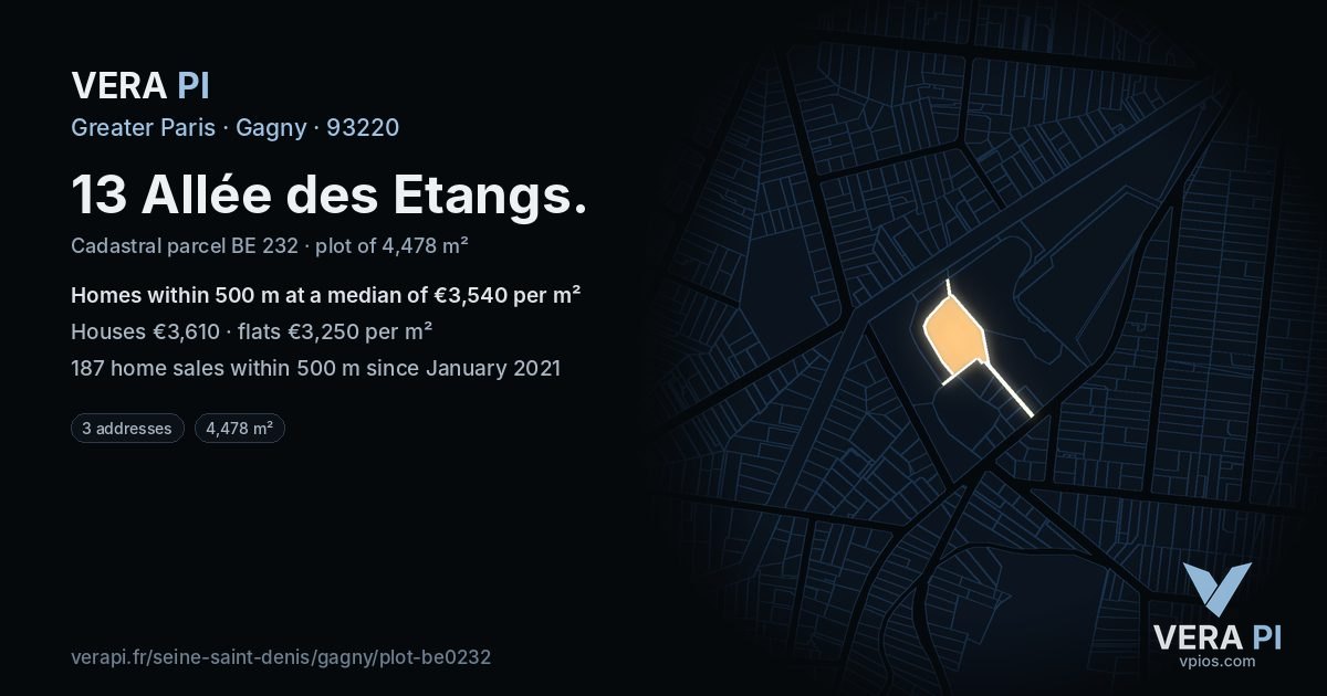 13 Allée des Etangs, Gagny at night – the plot lit, the parcels around coloured by the prices near them