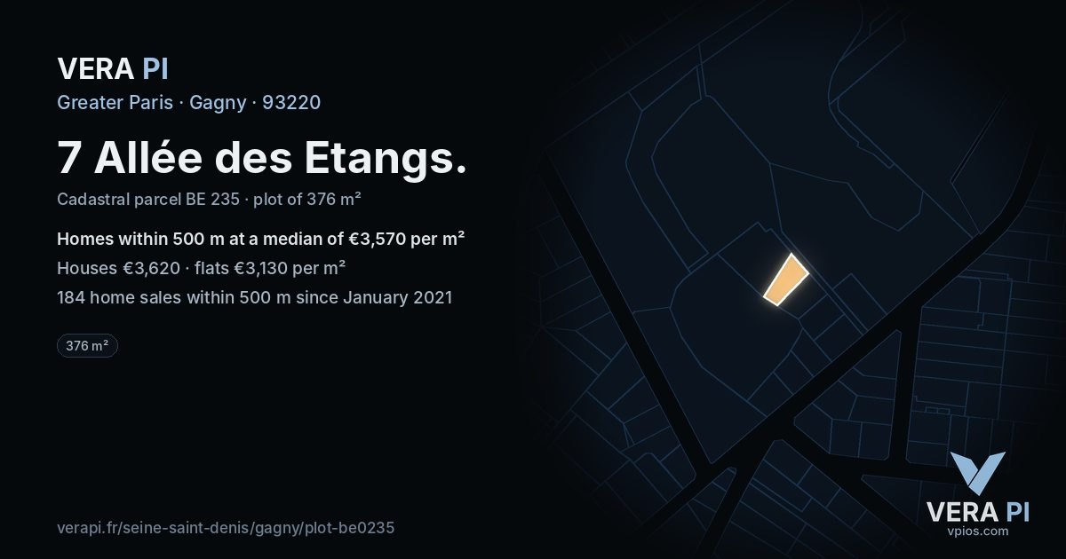 7 Allée des Etangs, Gagny at night – the plot lit, the parcels around coloured by the prices near them