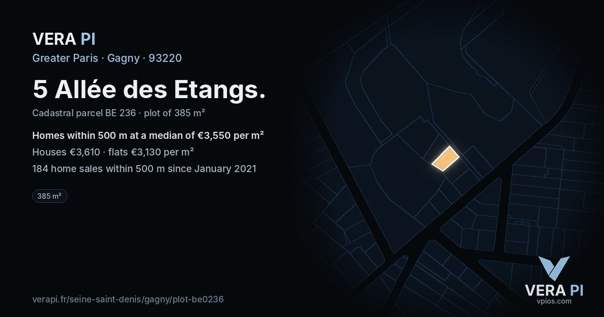 5 Allée des Etangs, Gagny at night – the plot lit, the parcels around coloured by the prices near them
