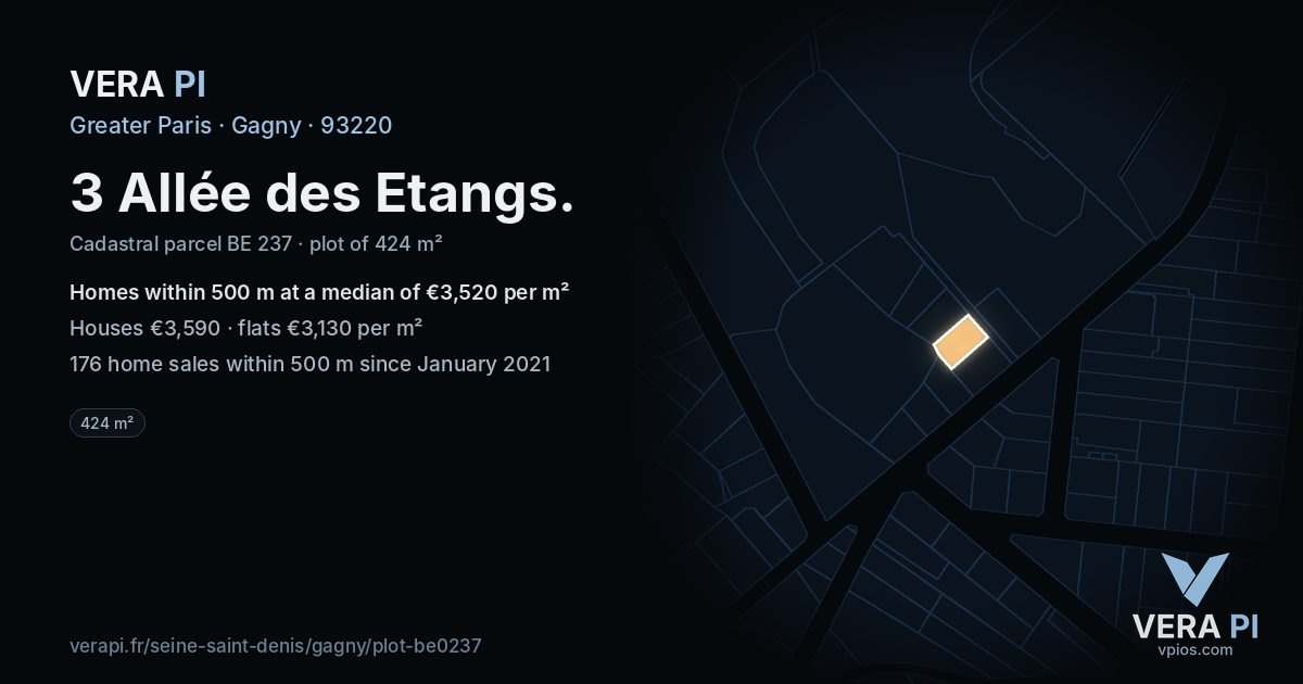 3 Allée des Etangs, Gagny at night – the plot lit, the parcels around coloured by the prices near them