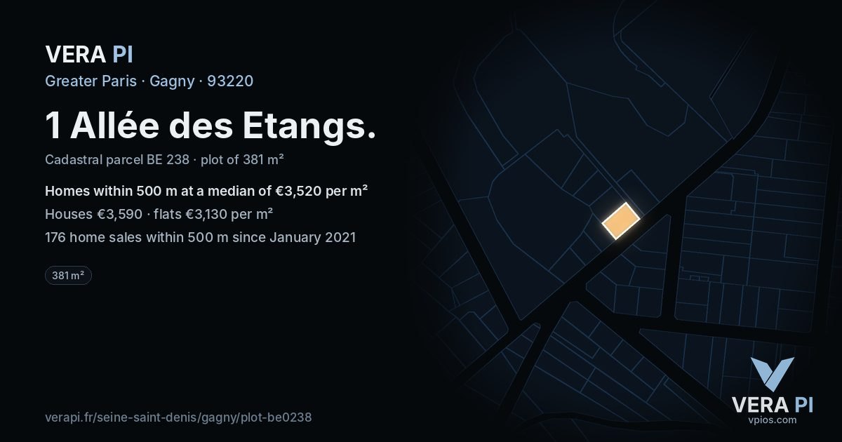1 Allée des Etangs, Gagny at night – the plot lit, the parcels around coloured by the prices near them