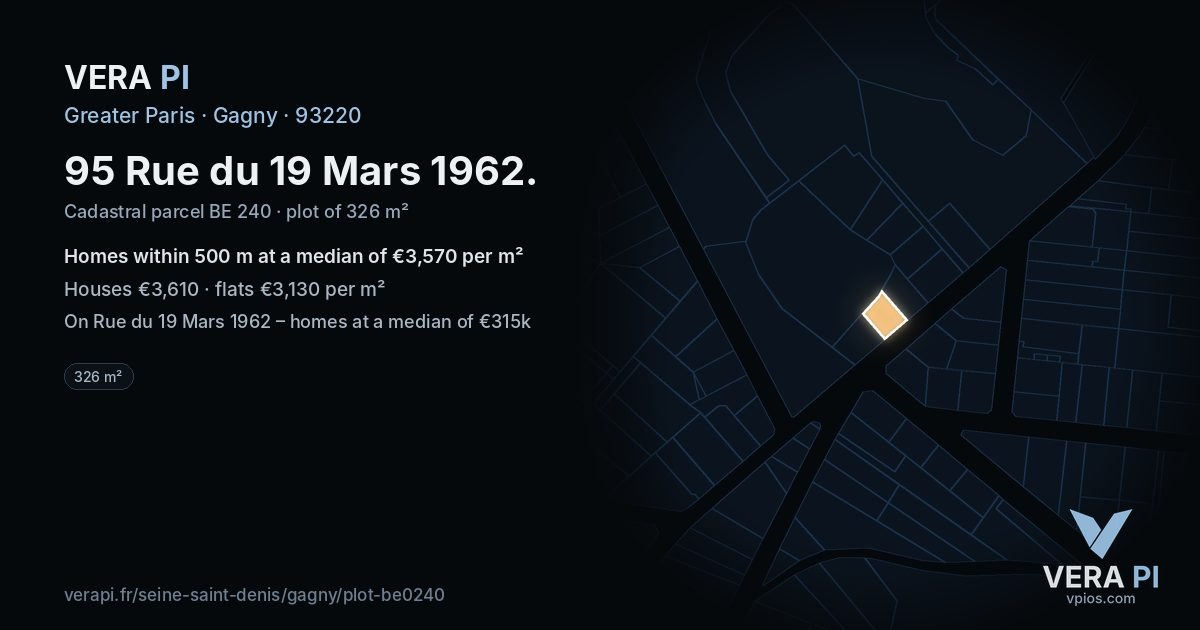 95 Rue du 19 Mars 1962, Gagny at night – the plot lit, the parcels around coloured by the prices near them