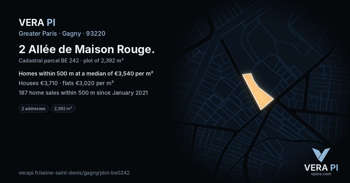 2 Allée de Maison Rouge, Gagny at night – the plot lit, the parcels around coloured by the prices near them