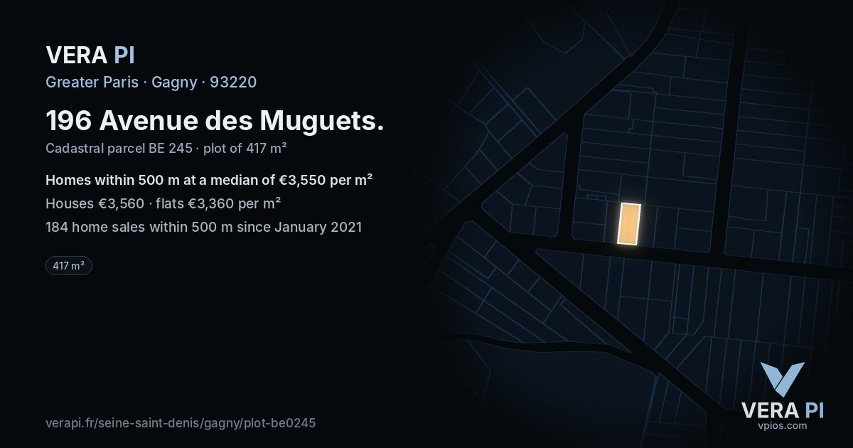 196 Avenue des Muguets, Gagny at night – the plot lit, the parcels around coloured by the prices near them