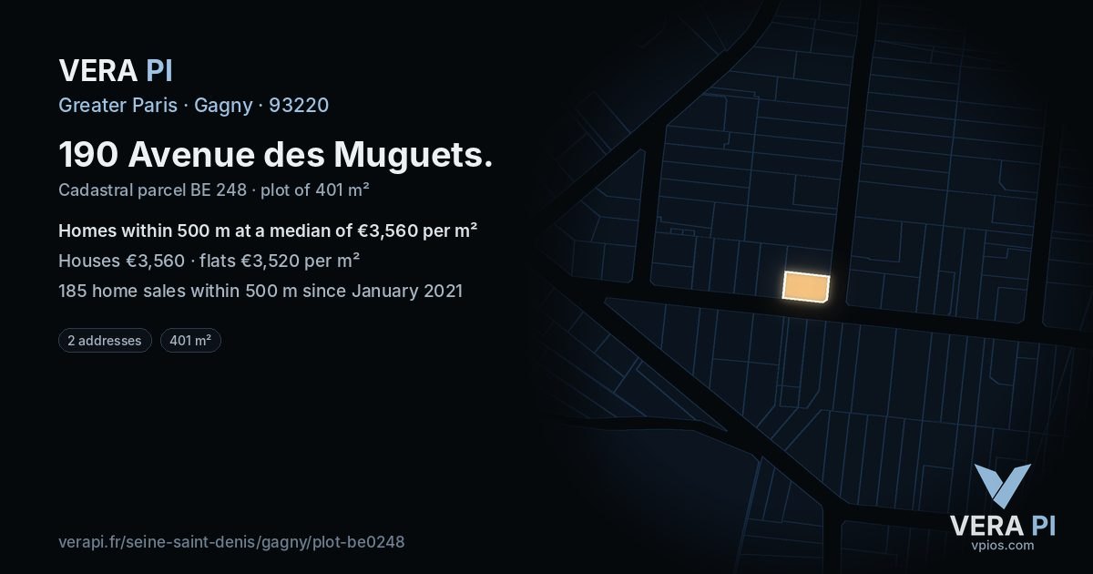 190 Avenue des Muguets, Gagny at night – the plot lit, the parcels around coloured by the prices near them
