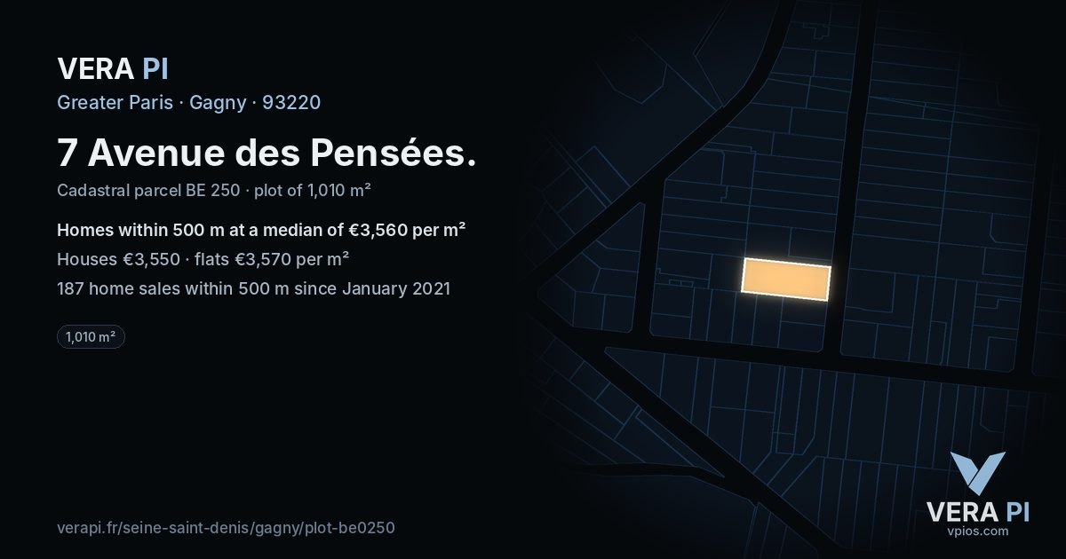 7 Avenue des Pensées, Gagny at night – the plot lit, the parcels around coloured by the prices near them