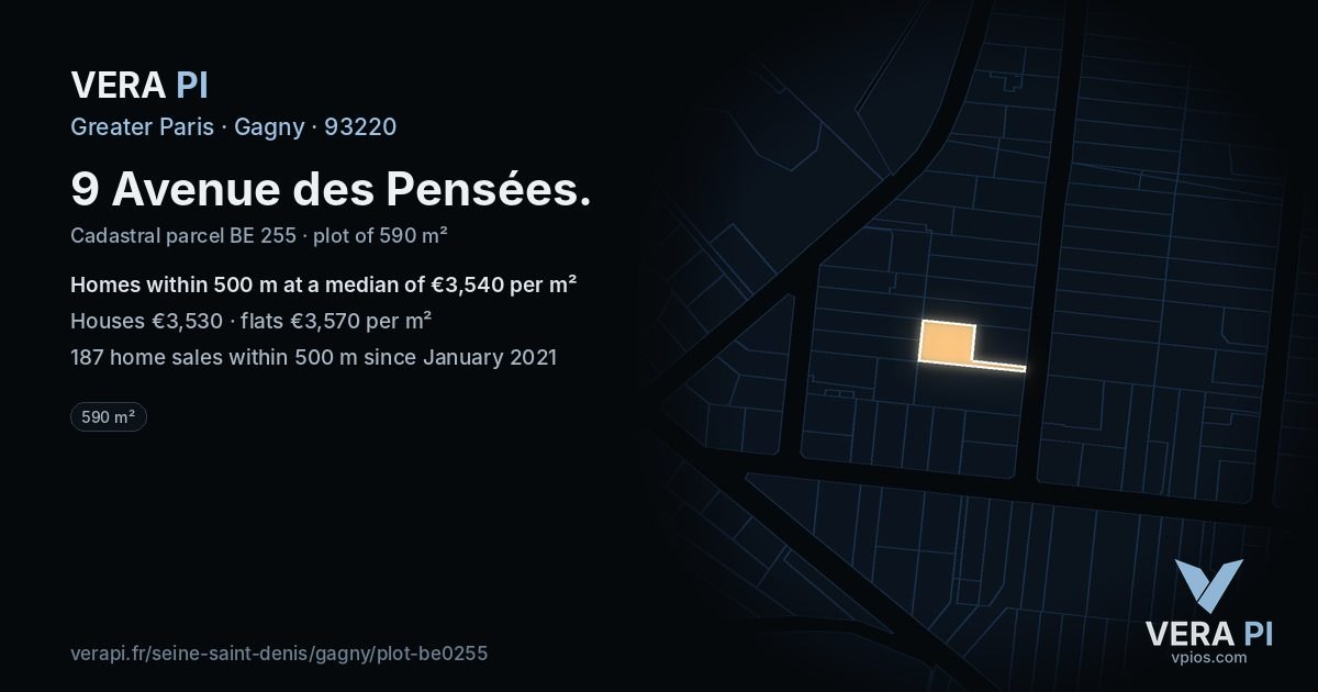 9 Avenue des Pensées, Gagny at night – the plot lit, the parcels around coloured by the prices near them