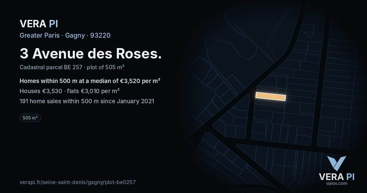 3 Avenue des Roses, Gagny at night – the plot lit, the parcels around coloured by the prices near them