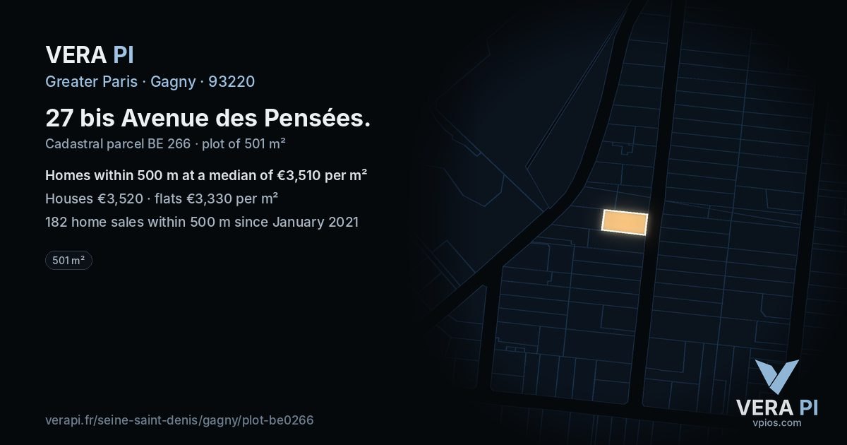 27 bis Avenue des Pensées, Gagny at night – the plot lit, the parcels around coloured by the prices near them