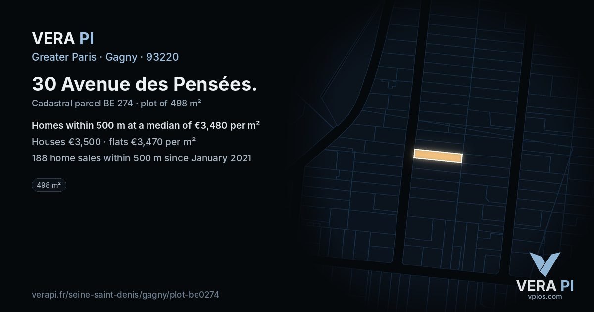 30 Avenue des Pensées, Gagny at night – the plot lit, the parcels around coloured by the prices near them