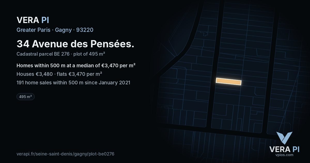 34 Avenue des Pensées, Gagny at night – the plot lit, the parcels around coloured by the prices near them