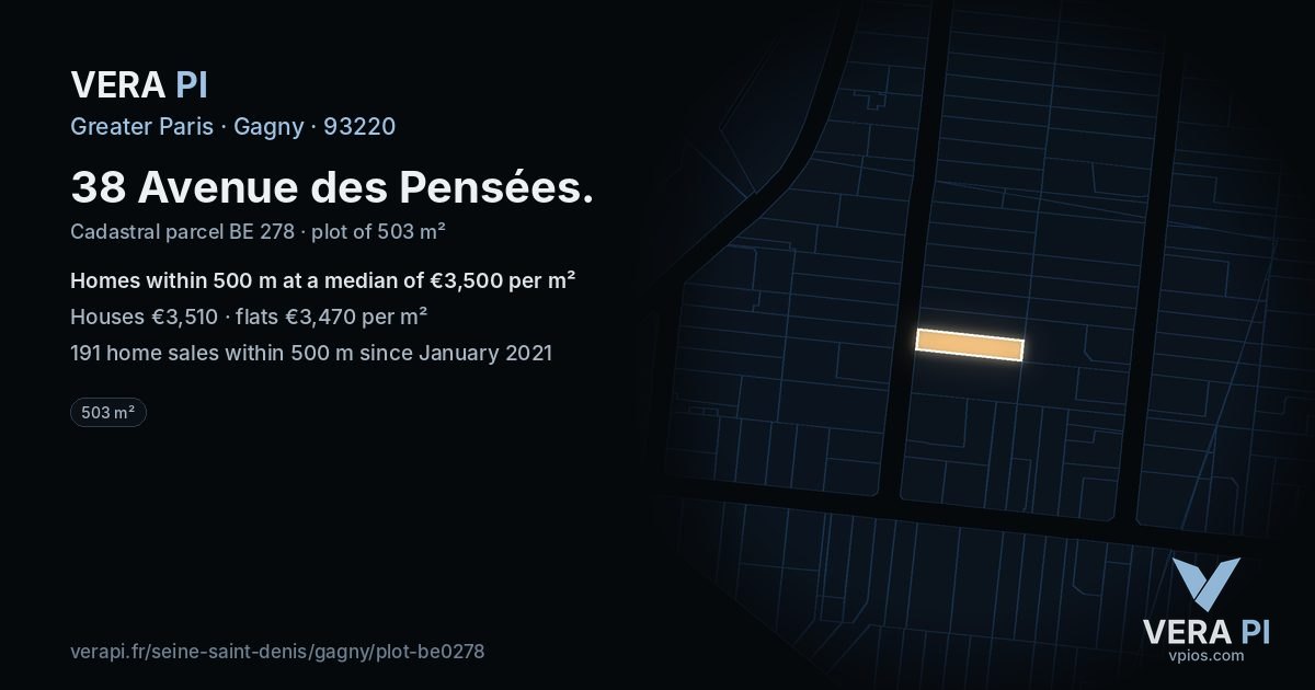38 Avenue des Pensées, Gagny at night – the plot lit, the parcels around coloured by the prices near them
