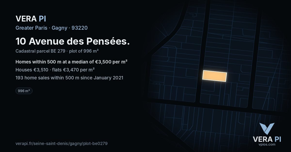 10 Avenue des Pensées, Gagny at night – the plot lit, the parcels around coloured by the prices near them