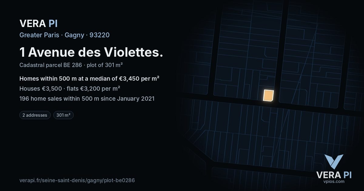 1 Avenue des Violettes, Gagny at night – the plot lit, the parcels around coloured by the prices near them