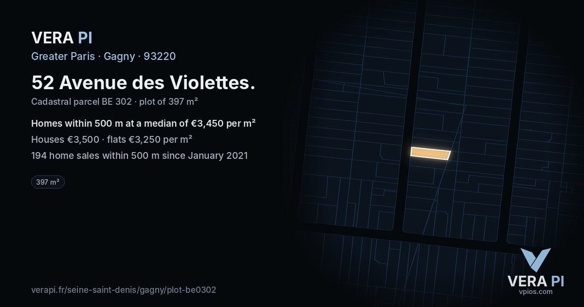 52 Avenue des Violettes, Gagny at night – the plot lit, the parcels around coloured by the prices near them