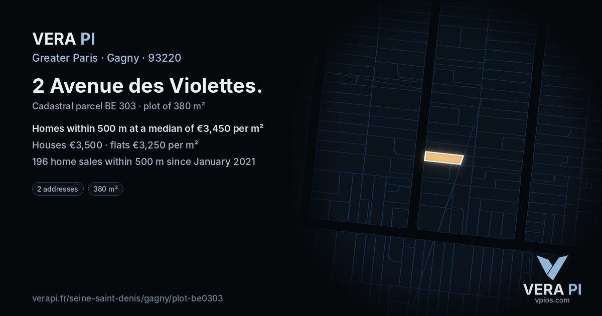 2 Avenue des Violettes, Gagny at night – the plot lit, the parcels around coloured by the prices near them