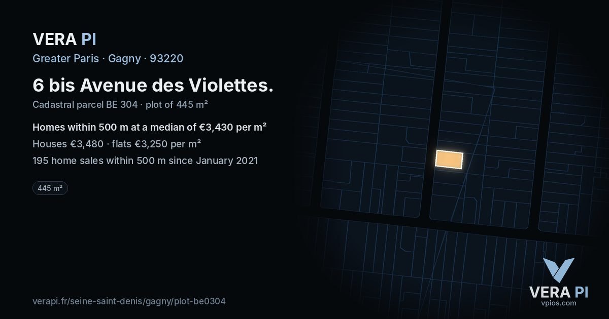 6 bis Avenue des Violettes, Gagny at night – the plot lit, the parcels around coloured by the prices near them