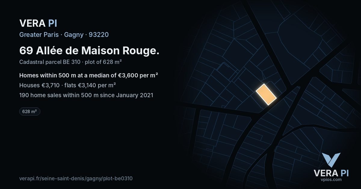 69 Allée de Maison Rouge, Gagny at night – the plot lit, the parcels around coloured by the prices near them