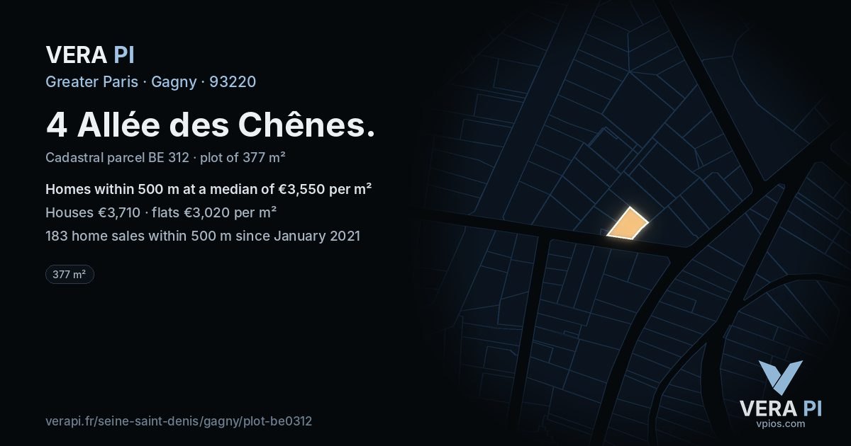 4 Allée des Chênes, Gagny at night – the plot lit, the parcels around coloured by the prices near them