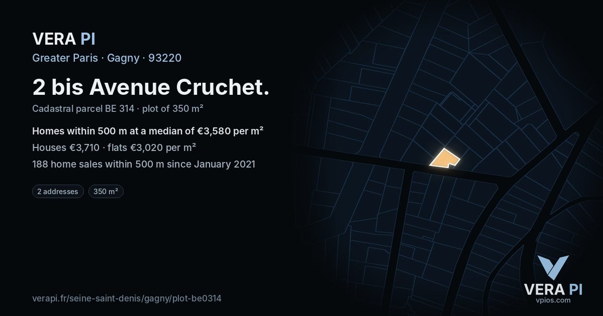 2 bis Avenue Cruchet, Gagny at night – the plot lit, the parcels around coloured by the prices near them