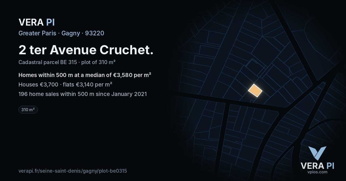 2 ter Avenue Cruchet, Gagny at night – the plot lit, the parcels around coloured by the prices near them