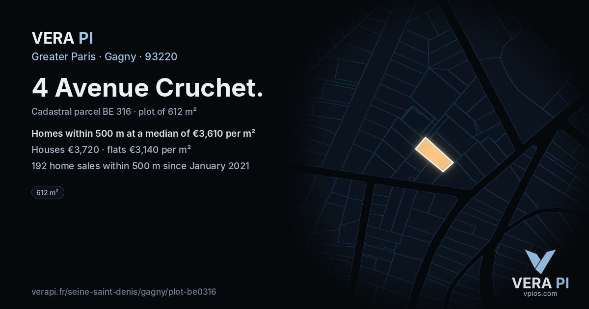 4 Avenue Cruchet, Gagny at night – the plot lit, the parcels around coloured by the prices near them