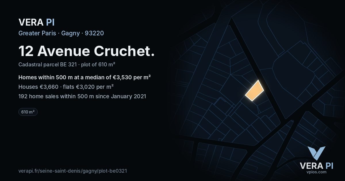 12 Avenue Cruchet, Gagny at night – the plot lit, the parcels around coloured by the prices near them