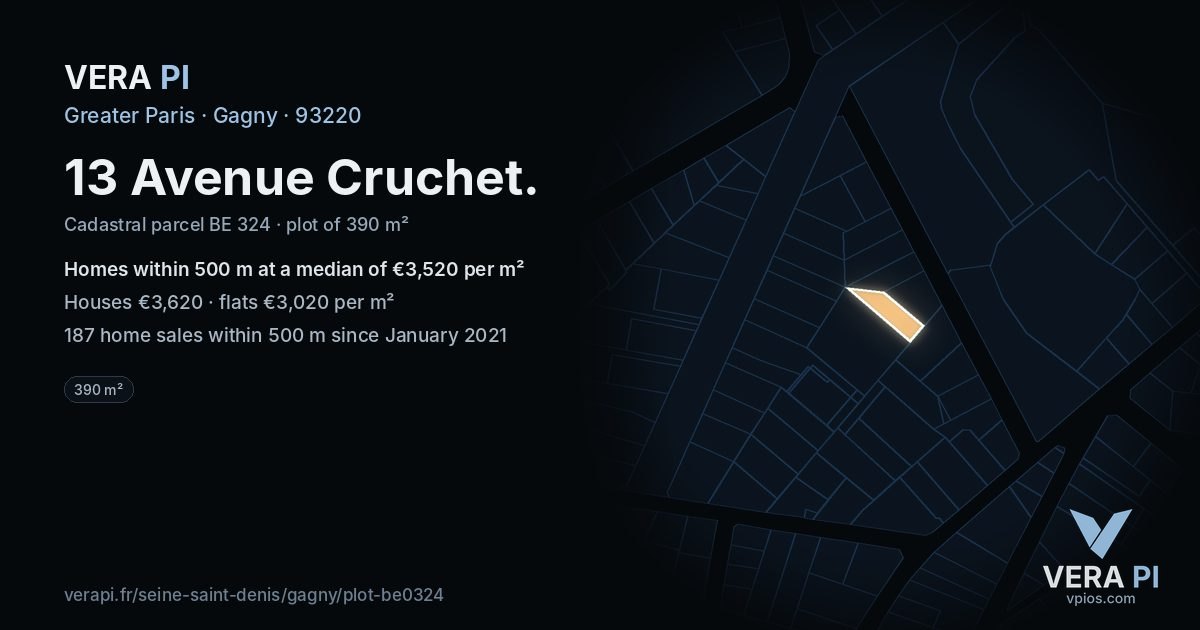 13 Avenue Cruchet, Gagny at night – the plot lit, the parcels around coloured by the prices near them