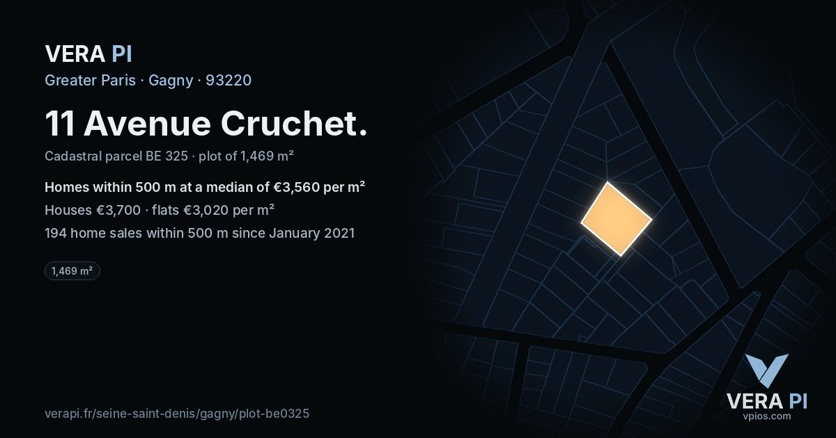 11 Avenue Cruchet, Gagny at night – the plot lit, the parcels around coloured by the prices near them
