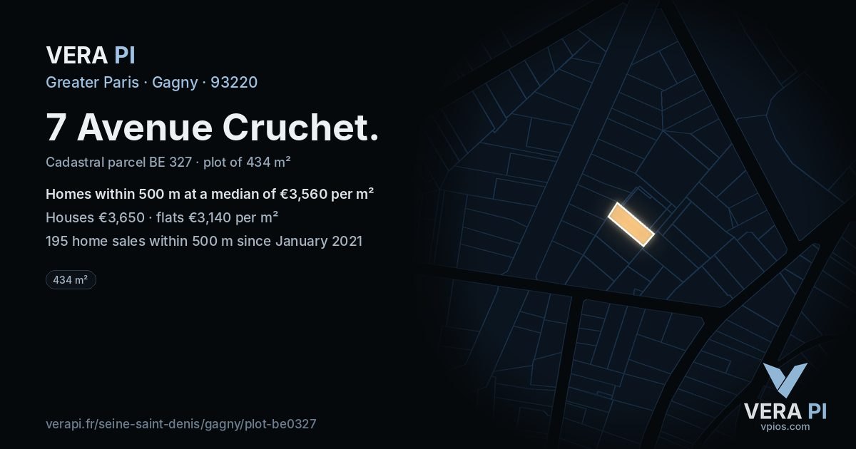 7 Avenue Cruchet, Gagny at night – the plot lit, the parcels around coloured by the prices near them