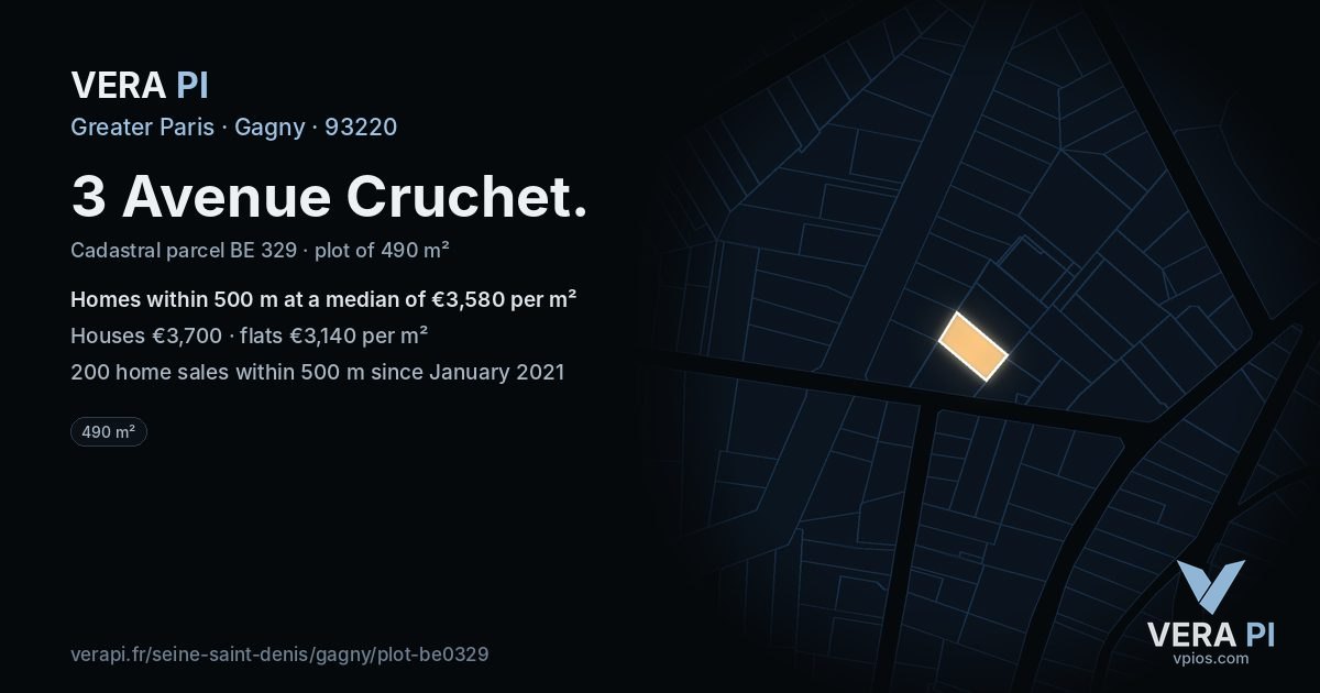 3 Avenue Cruchet, Gagny at night – the plot lit, the parcels around coloured by the prices near them