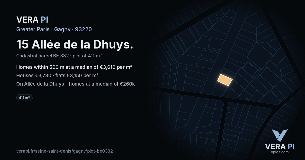 15 Allée de la Dhuys, Gagny at night – the plot lit, the parcels around coloured by the prices near them