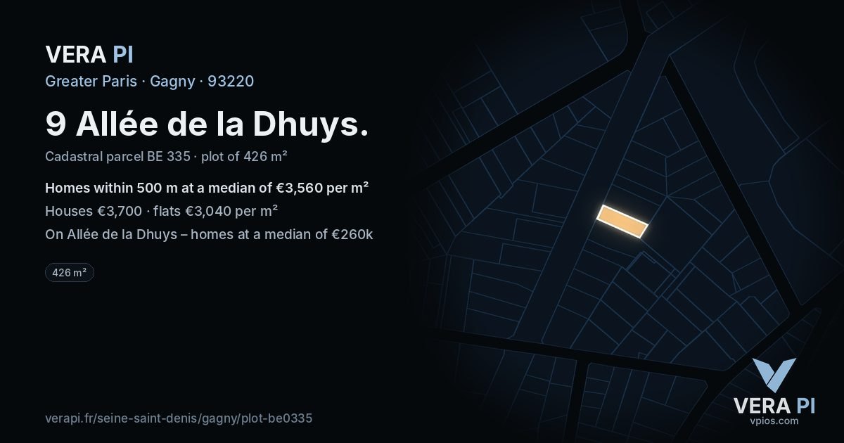 9 Allée de la Dhuys, Gagny at night – the plot lit, the parcels around coloured by the prices near them