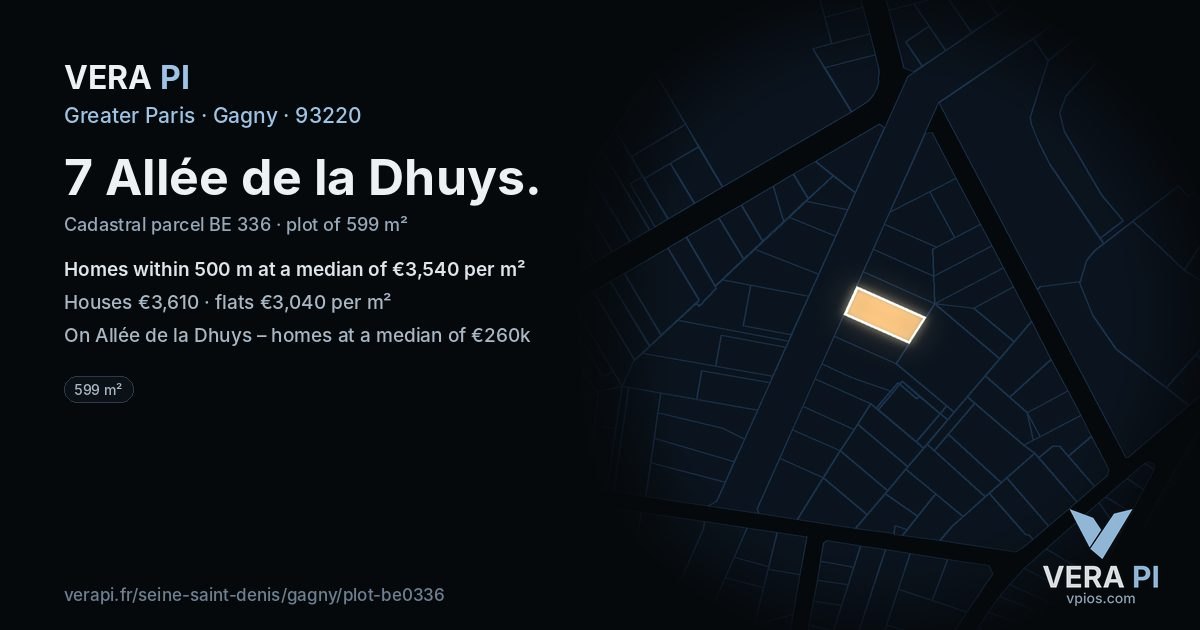 7 Allée de la Dhuys, Gagny at night – the plot lit, the parcels around coloured by the prices near them