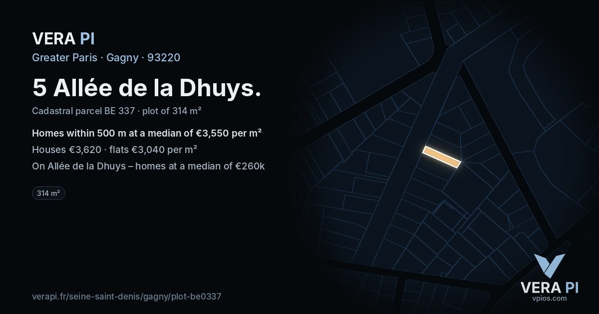 5 Allée de la Dhuys, Gagny at night – the plot lit, the parcels around coloured by the prices near them