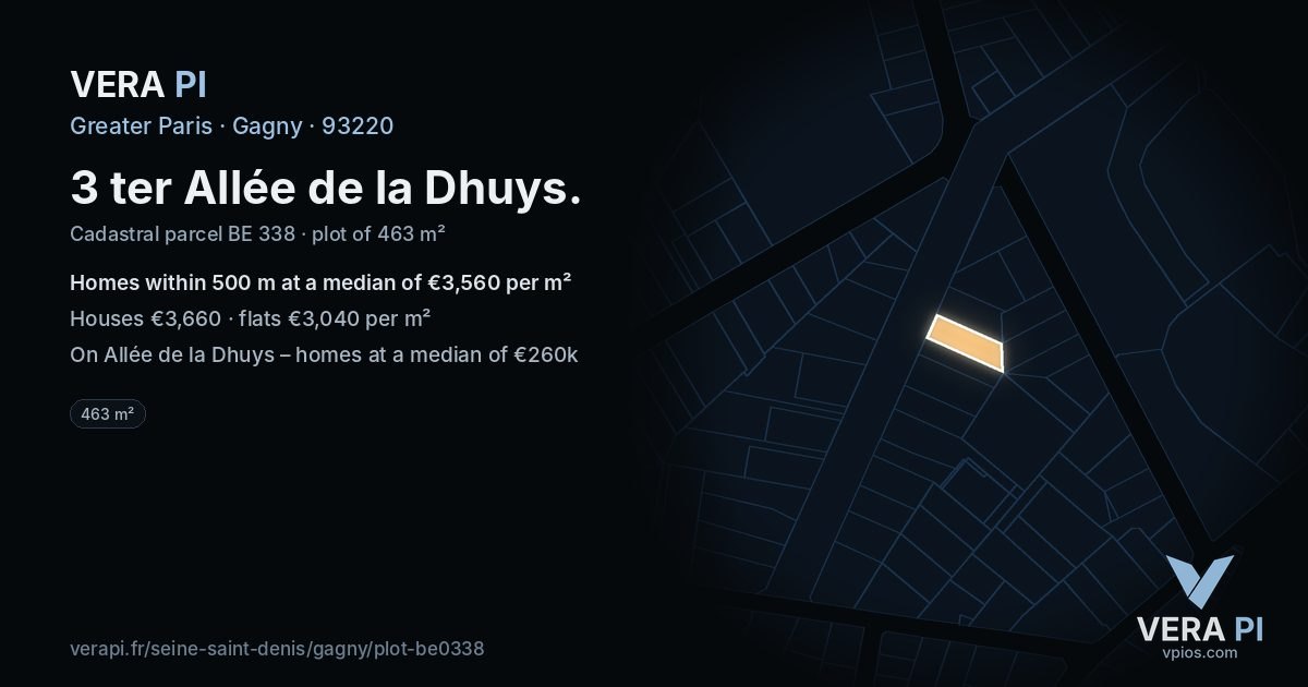 3 ter Allée de la Dhuys, Gagny at night – the plot lit, the parcels around coloured by the prices near them